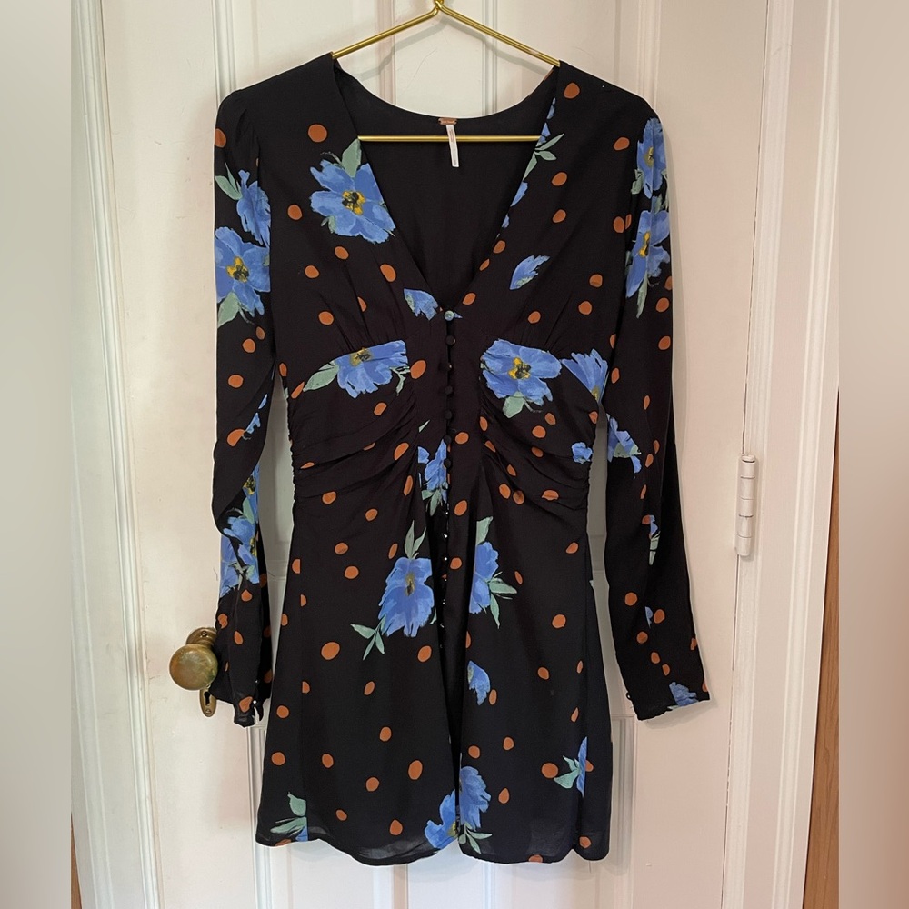 FREE PEOPLE Date Night Mini Black Floral Polka Dot Moonlight Dress. Size Small - Picture 6 of 13